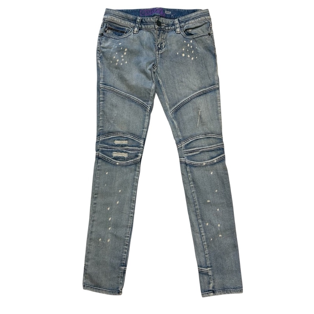 Roxy Super Skinny Jeans Blue Womens 7 Distressed Bleach Moto Flap Pockets